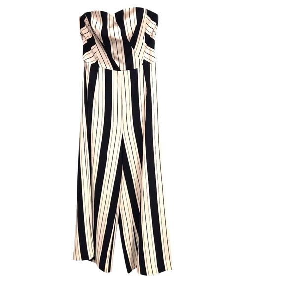H&M Striped Navy Strapless Culottes Jumpsuit Bandeau Tie Waist Capri Wide Leg 6 - Picture 2 of 10